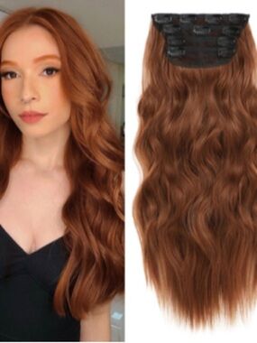 Copper Red Wavy Human Hair Clip-In Hair Extensions for Women 6pcs